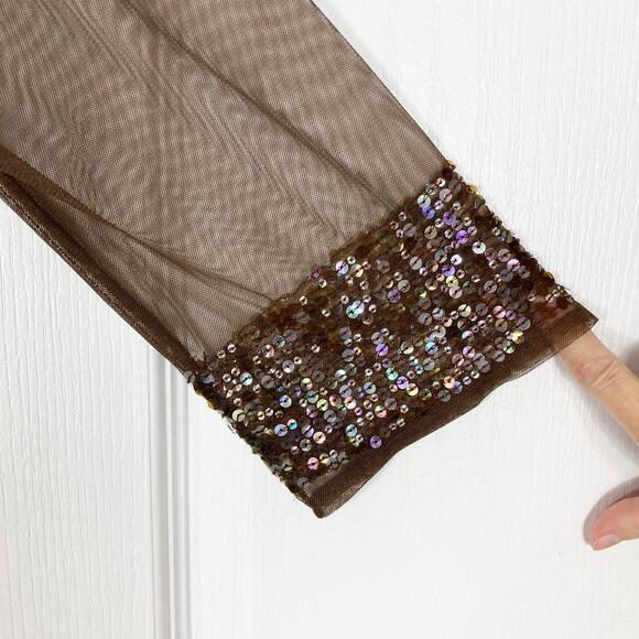 Nwot Vintage PAPELL BOUTIQUE Top Cardigan L Brown Iridescent-Sequin Sheer Tassel - Picture 4 of 11